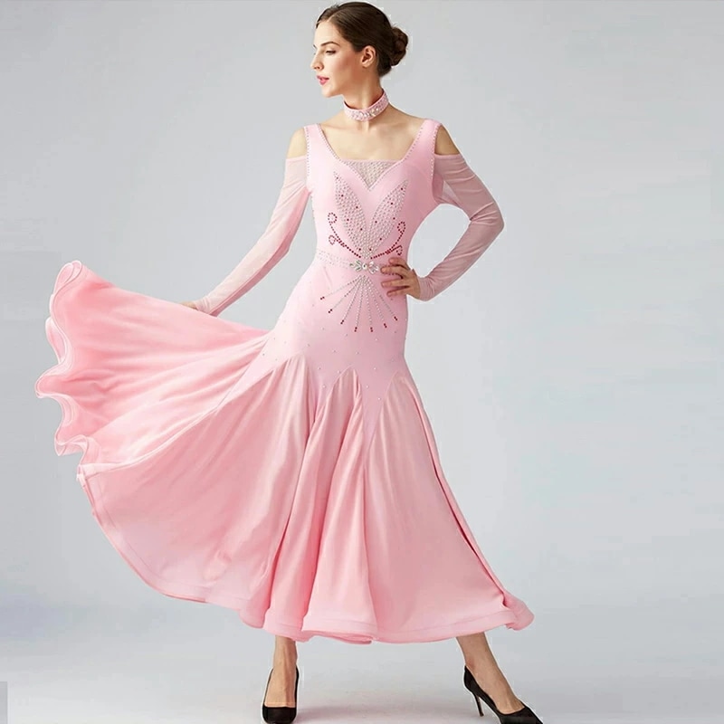 モダンドレス 社交ダンスドレス ピンク 黒 レッド 社交ダンス衣装 オフショルダー ワンピース ダンスウェア ステージ衣装 ステージドレス 広がる裾 オシャレ スタンダード ロングドレス 舞台衣装 S