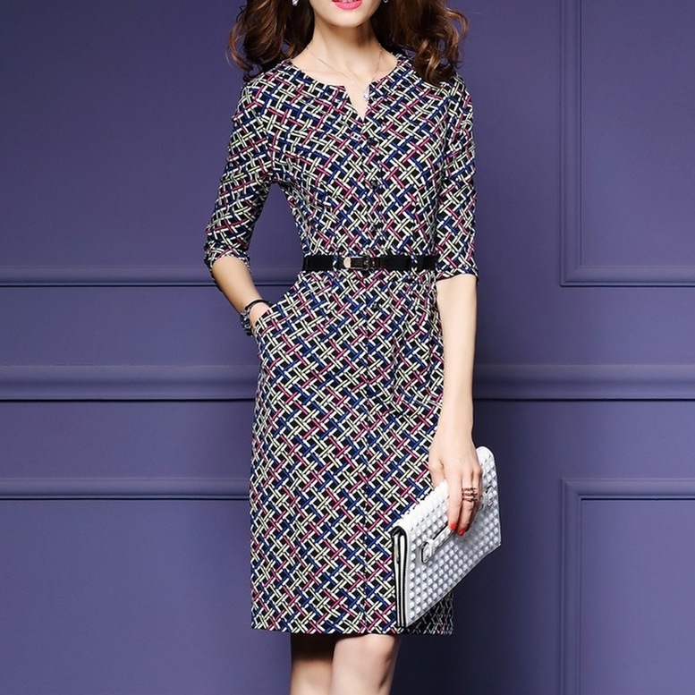 総柄ワンピース レディース 送料無料 7分袖ワンピース タイトワンピース 配色チェックワンピース レトロ幾何柄ワンピース ワンピース ドレス dress シャツワンピース ひざ丈 ミディアム丈 7分袖
