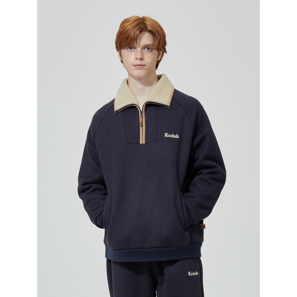 コダックアパレルブラウニーセミオーバーフィットライトウォーム起毛ハーフジップアップスウェットシャツネイビー