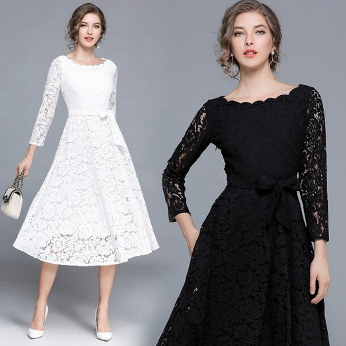 パーティードレス　ミモレ丈　ドレス　二次会　花嫁 ワンピース ドレス 刺繍 ワンピース　ミモレ丈 パーティー 二次会 お呼ばれ 服 レース ワンピ 大人 袖あり 袖付き パーティドレス 20代 30代