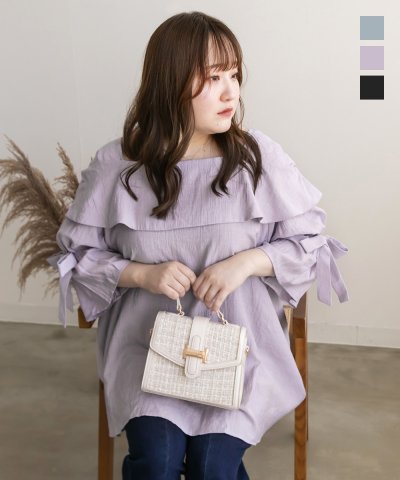 大きいサイズ レディース LL 3L 4L XL XXL XXXL CLETTEオリジナル袖リボンAラインブラウス