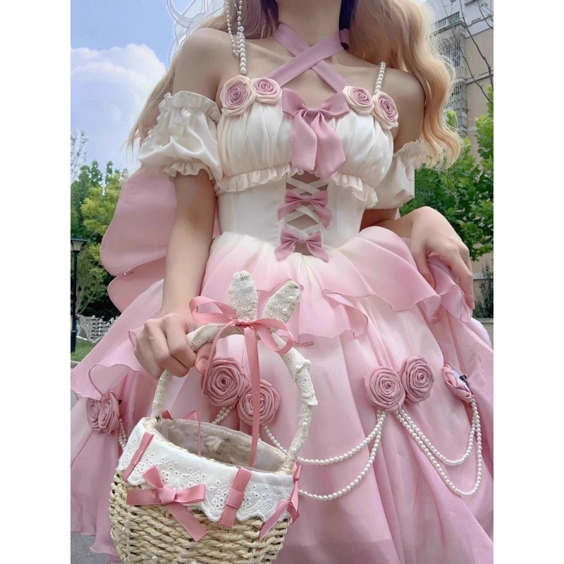 グラデーションピンクライトフラワー結婚中空フロントショートバック丈ロリータロリータかわいい甘いふわふわプリンセスドレス夏女性 10,256円