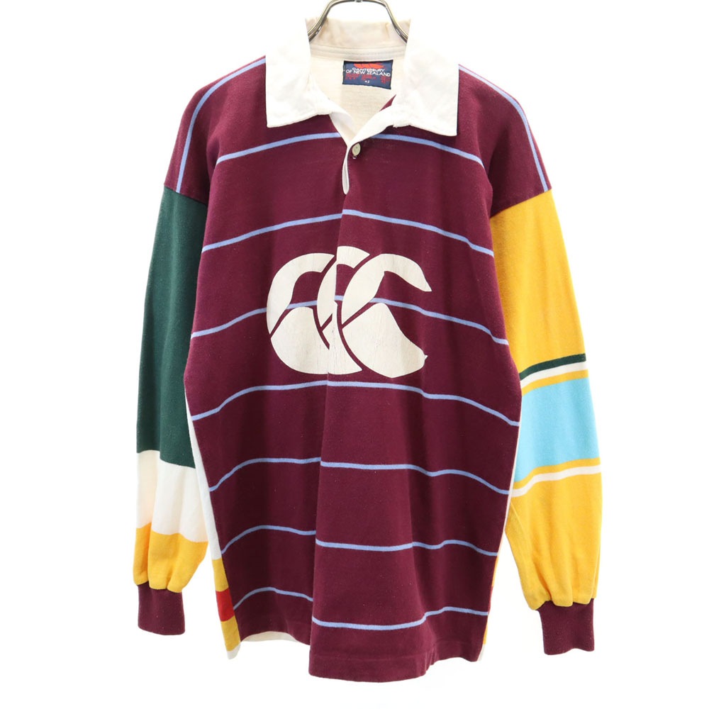 ニュージーランド製 ボーダー柄 長袖 ラガーシャツ 42 ボルドー 他 ポロシャツ ラグビー メンズ