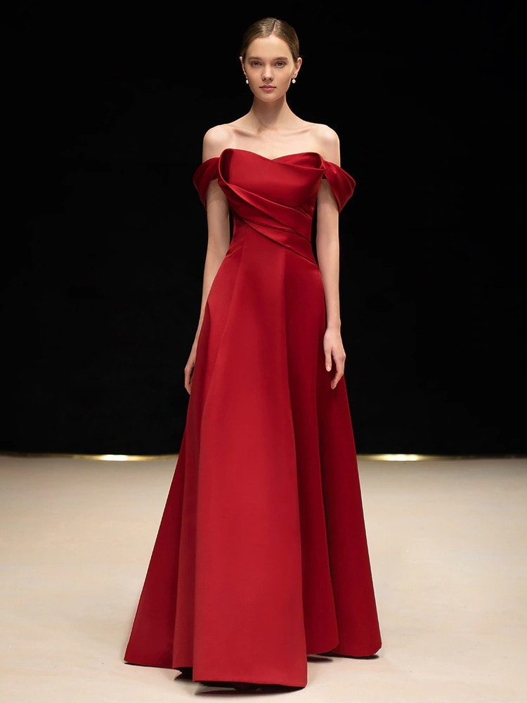 サテン 乾杯スーツ 花嫁 赤い 気質 結婚式 婚約ドレス スカート ワンショルダー 美術検定 成人式 女性
