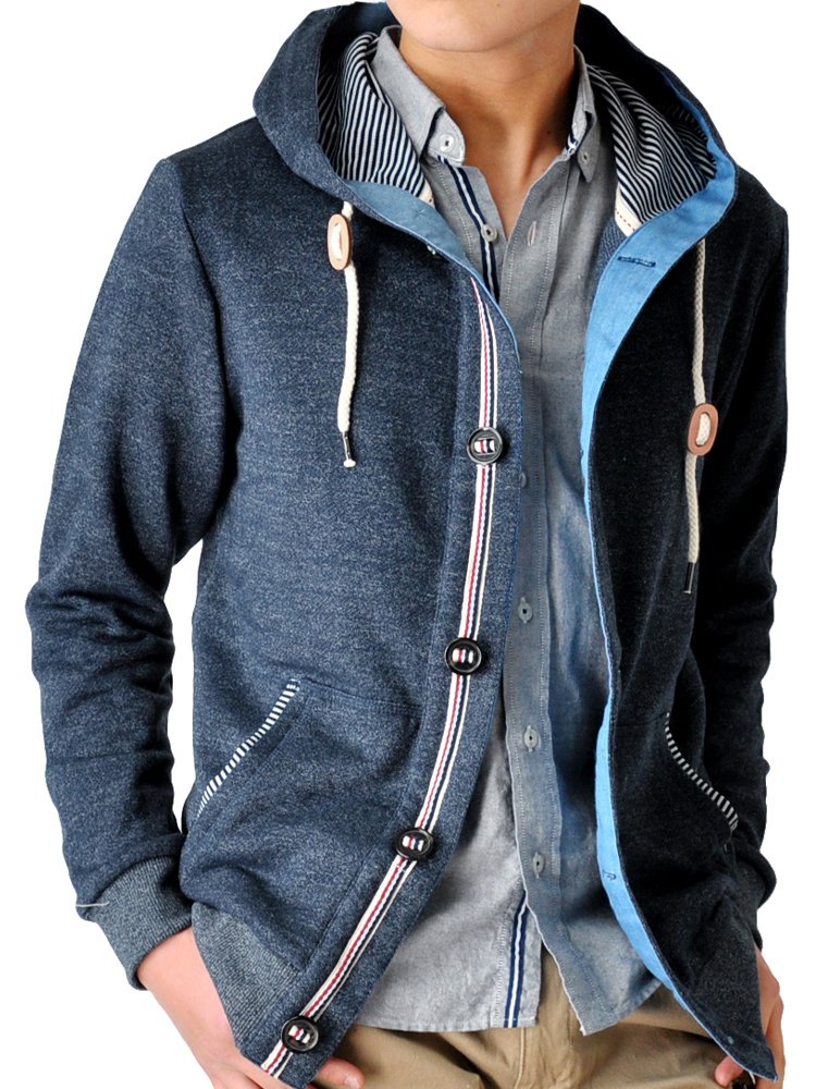 (アローナ)ARONA フード裏ボーダー トリコテープ ボタン パーカー/S Ａ７５ネイビー M