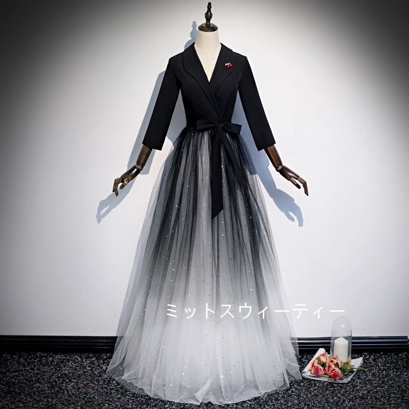 Aラインドレス 披露宴 カラードレス ロングドレス カクテルドレス 黒 演奏会 イブニングドレス 二