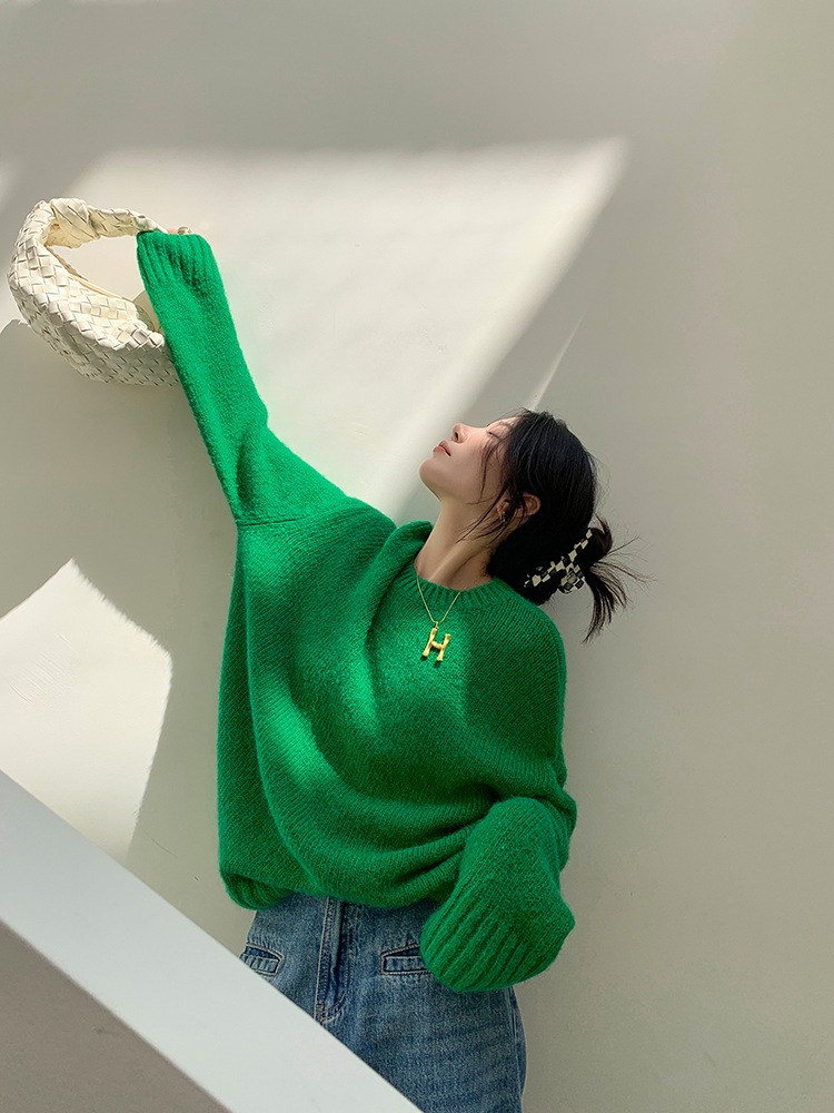 クライン ブルー レイジー セーター 女性 秋 冬 グリーン ラウンド ネック ルーズ アウターウェア トップ グリーン ブルー ＳＭＬ トップス 袖あり かわいい 大人可愛い きれいめ シンプル
