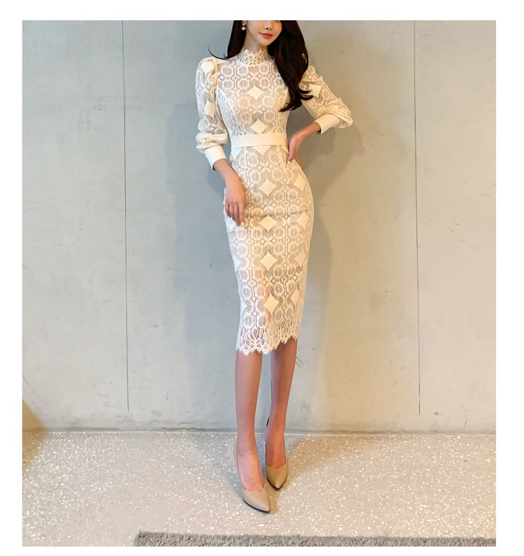 ドレス ワンピース パーティードレス 膝丈ドレス ステージドレス 袖あり 長袖 ハイネック 襟付き スレンダーライン タイト スリム 細身 ウエストマーク バックスリット 透け感 シースルー