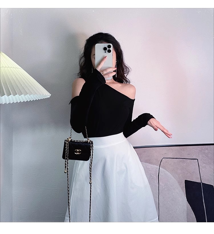 リトル ロック モンスター ストラップレス 春 秋 ホット ガールズ セクシー 黒 ニッチ トップス Tシャツ 個性的 トップス シャツ 袖あり 長袖 襟なし 大人可愛い きれいめ シンプル 大人