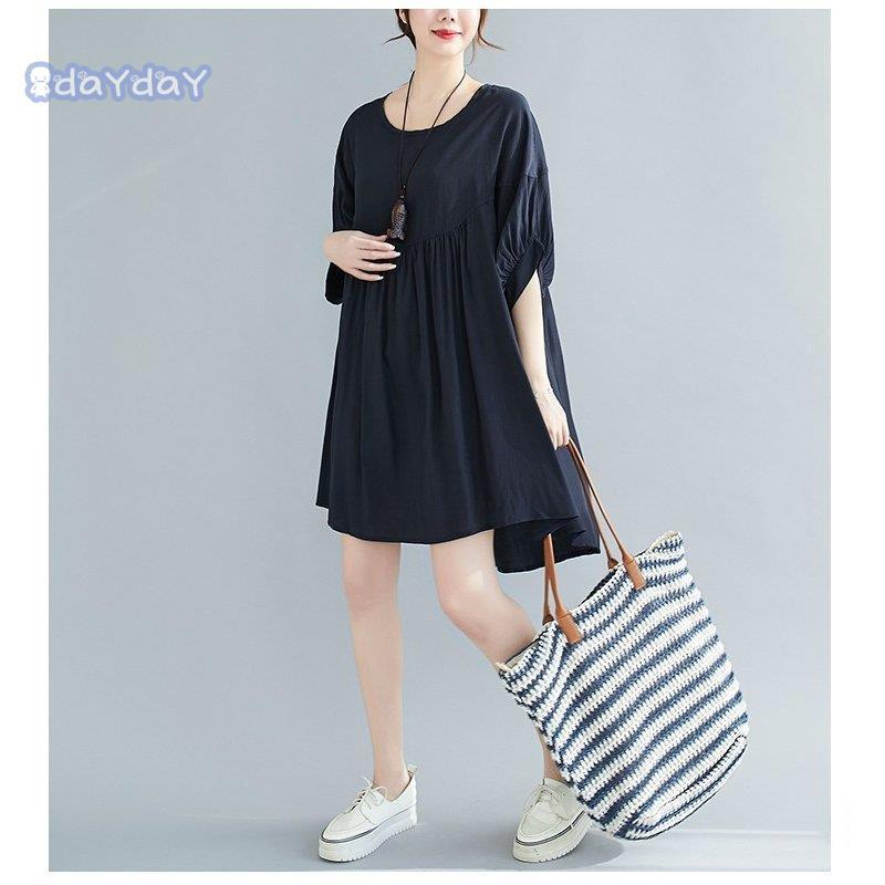 ワンピース レディース 膝上丈ワンピース 半袖 体型カバー 大きいサイズ スリーブ ハイウェスト ギャザー入り 無地 50代 40代 30代 春 夏