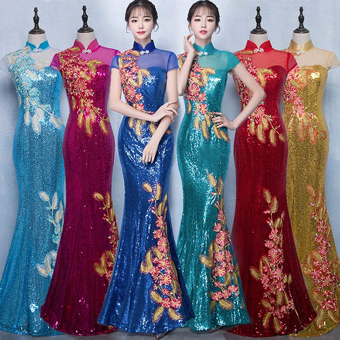 チャイナドレス ロング丈 花柄 パーティードレス マーメイドドレス ロング丈 チャイナ服 大きいサイズ セクシー スパンコール キラキラ ロングドレス 結婚式 忘年会 二次会 2次会 パーティー お呼 5,352円