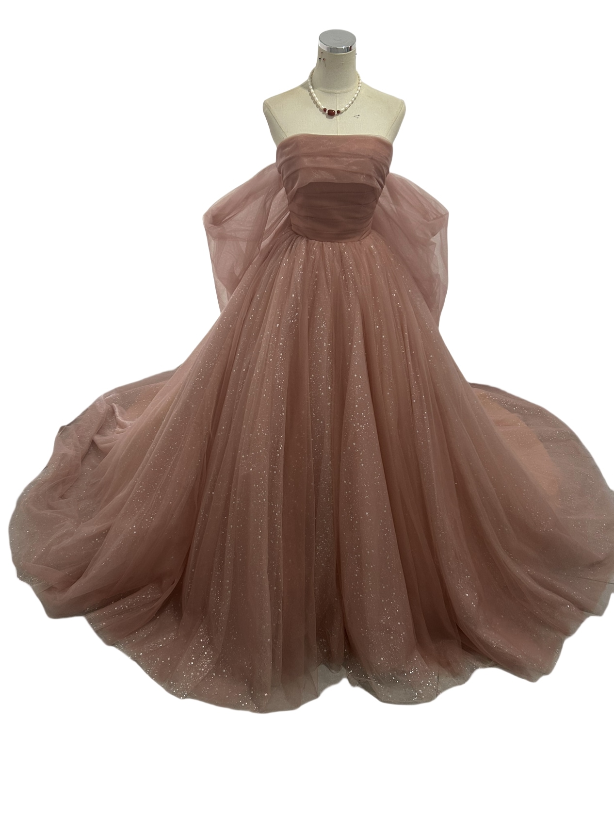 カラードレス くすみピンク キラキラチュール ベアトップ ふっくら柔らかなバックリボン 披露宴