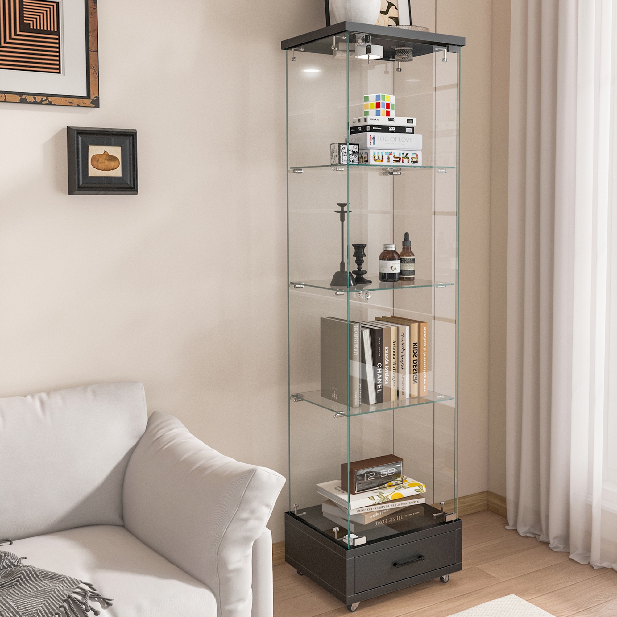 LED照明＆引き出し付き ガラスディスプレイキャビネット鍵付き強化ガラス収納棚リビング・寝室用 1ドア4段 ブラック