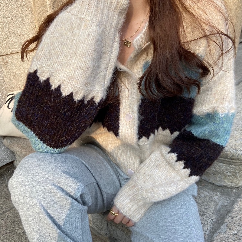 韓国風優しいカラーブロック厚手カーディガンセーターレディース長袖ラウンドネック通勤万能セータージャケット