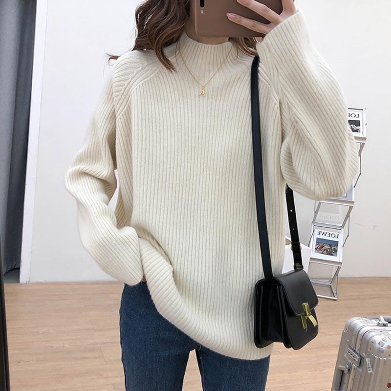 トップス ニットソー レギュラー丈 長袖 萌袖 レギュラー袖 ハーフハイカラー ストレート ニット ウール シンプル カジュアル ラフ ルーズ とろみ感 無地 秋 冬 誕生日 バレンタイン 10代