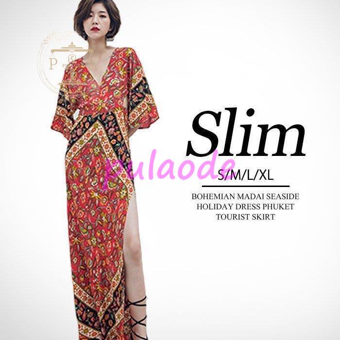 リゾートワンピ　ポへミア風　ロングワンピース　花柄　スリット　エスニック　袖あり　マキン丈　ハワイ　バッグレス　海　夏　レディースワンピース 5,856円