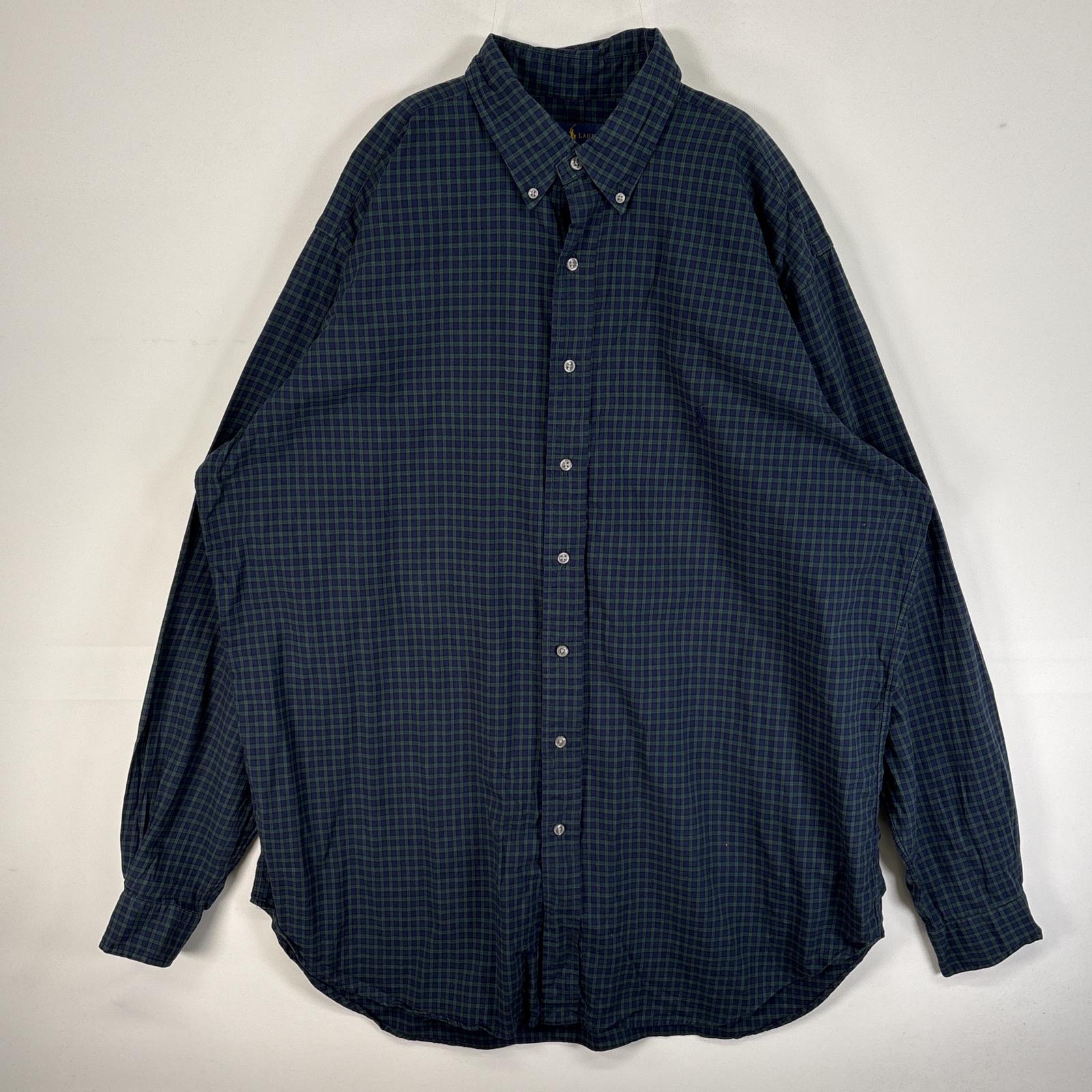 古着 長袖シャツ ロゴ 刺繍 大きいサイズ 薄手 ボタンダウン XL ネイビー チェック メンズ
