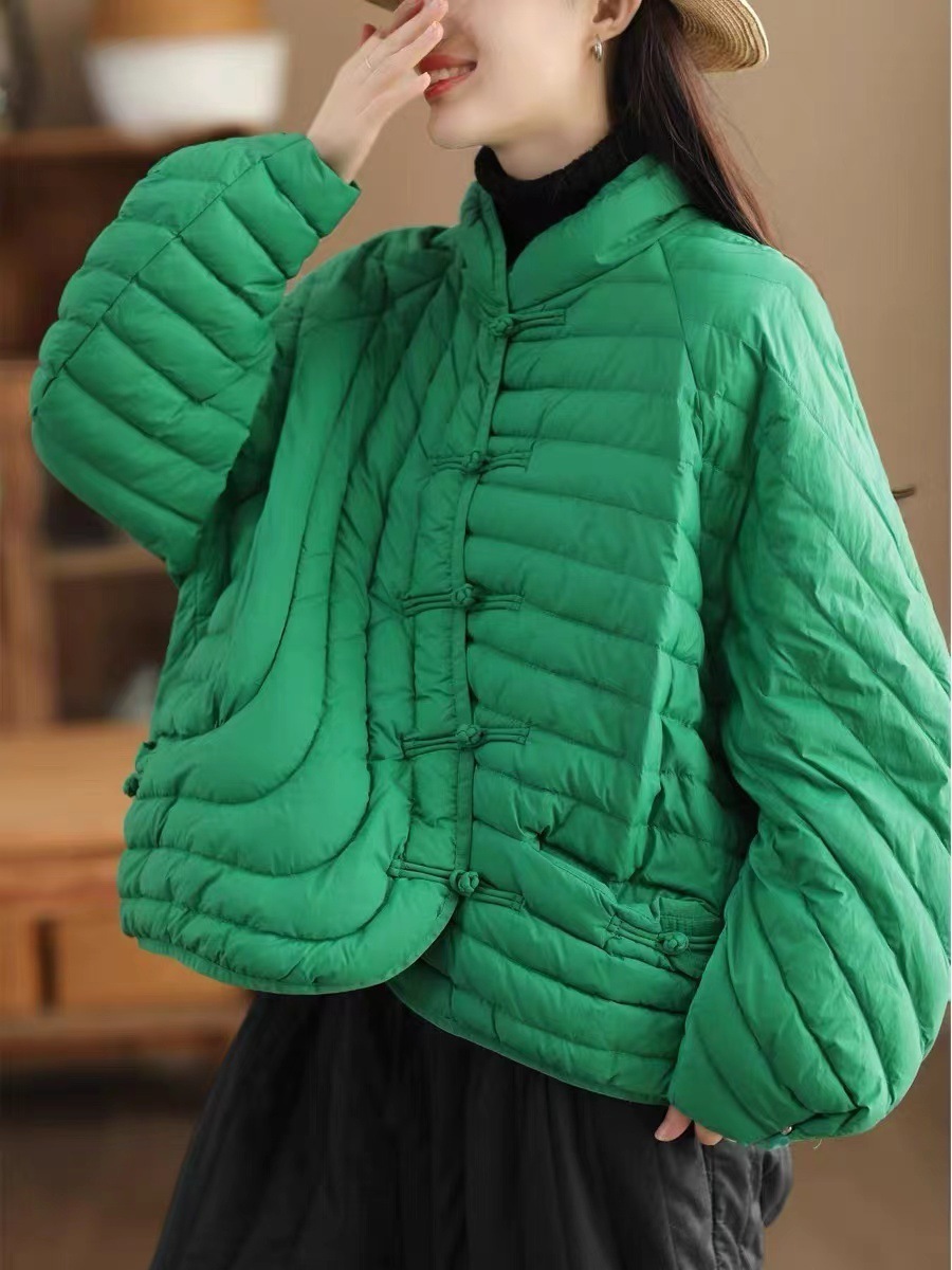 冬のレトロスタイルの斜め前立てボタンダウンジャケット女性用軽量キルティングホワイトダックダウン暖かいダウンジャケット