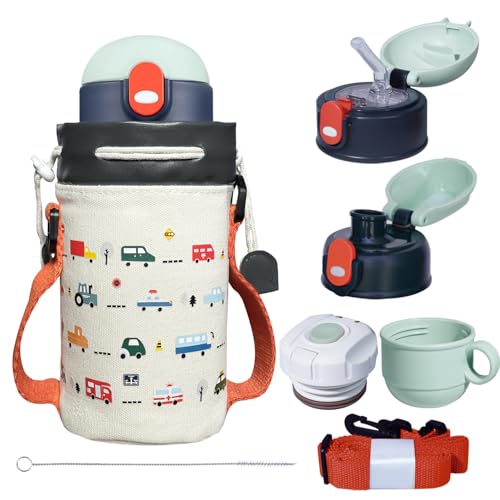 CINNOR 水筒 子供 保冷保温 真空断熱 直飲み コップ 付 3WAYストローボトル マグボトル 魔法瓶 ポーチ付き