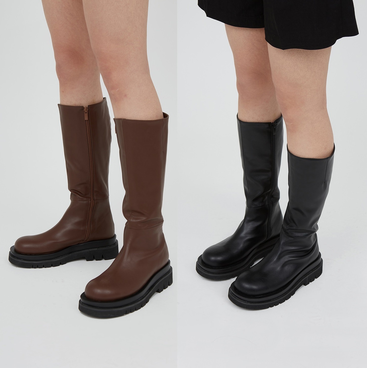 Round chunky flat boots (WOMEN) 2色 女性の靴 新商品 韓国人気 韓国ファッション ストリートファッションデイリールック 学生ファッション カップル