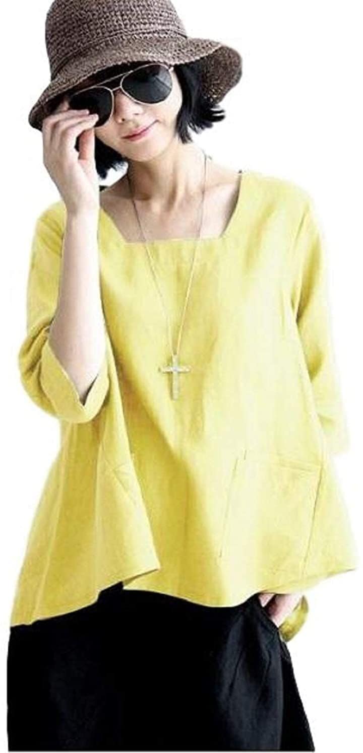ニブンノイチスタイル 襟なし 大人 無地 独特の上品 綿麻 七分袖 シャツ 人気満点 黄色， レディース ブラウス とろみ