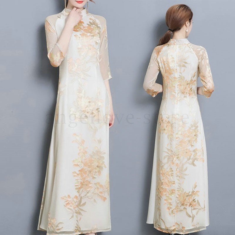 チャイナドレス 7分袖 チャイナドレス ワンピース ベトナム アオザイ ドレス パーティー 大きいサイズあり パーティードレス マキシ M L XL XXL XXXL