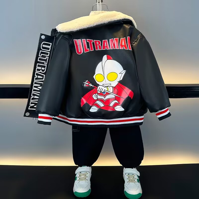 男の子の皮の服秋冬の新しい子供の加絨爆撃街のコート防風保温コートウルトラマンの服