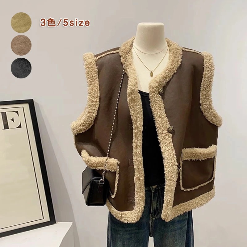 PUレザーベスト レディース ボアベスト フェイク皮毛ベスト ライダースベスト ジャケット コート ノースリーブ 裏ボア 裏起毛 ジレ 暖かい 高級 防寒 羽織り おしゃれ 重ね着 お出かけ 旅行 結