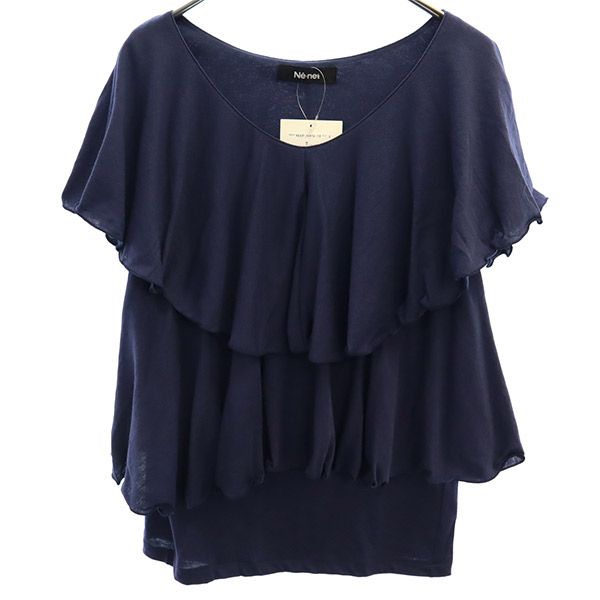 未使用 日本製 フリル 半袖 フリル カットソー 2 ネイビー レディース