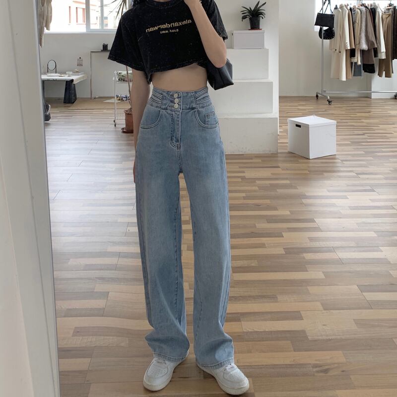 ボトムス ハイウエスト デニム パンツ ワイドレッグ ゆったり ストレート 薄手 ライトブルー ボーイッシュ ジーンズ かわいい 大人可愛い きれいめ シンプル カジュアル 大人 上品 lbot022