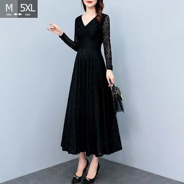 【 2025】総レース ドレス ワンピース 長袖 パーティードレス ミモレ丈 フォーマル レディース Vネック 結婚式 同窓会 発表会 披露宴 入園式 二次会 入学式 お呼ばれ ブラック フレア ドレ