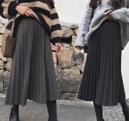 レディース スカート ボトムス プリーツスカート ロングスカート ミモレ ミディアム セミフレア ハイウエスト ツイード 中厚手 きれいめ シンプル 上品 おしゃれ エレガント クラシカル カレッジ風