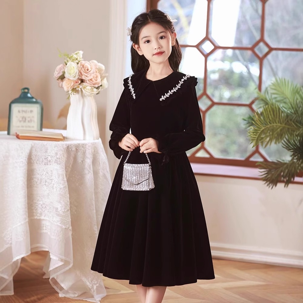 子供用ドレスガールズイブニングドレスブラックハイエンドプリンセスドレスコンダクターとホストピアノパフォーマンスコンペティションパフォーマンス服