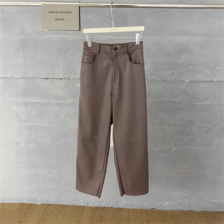 INSスタイル 伸縮性のあるウエスト 九分丈パンツ カジュアルパンツ ストレート ハイウエスト PUパンツ ロングパンツ