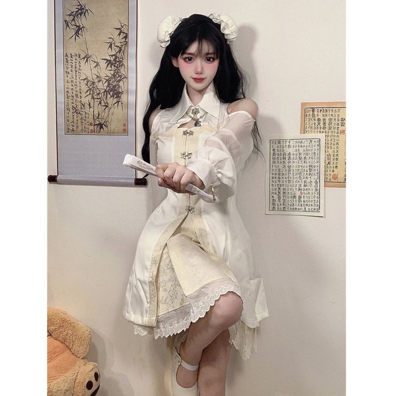 ドレス新中国風肩出し長袖ワンピ30%までに制限ース秋冬新モデルウエストを絞って細見え半身スカート2点セット女韓国ファッション レディース ハロウイン