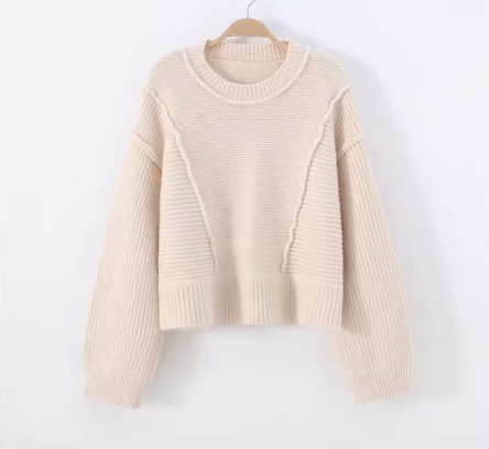 レディース トップス ニット セーター 長袖 萌袖 ラウンドネック 襟なし ステッチ かわいい 大人可愛い シンプル カジュアル おしゃれ かっこいい レトロ こなれ感 ラフ メンズライク マニッシュ