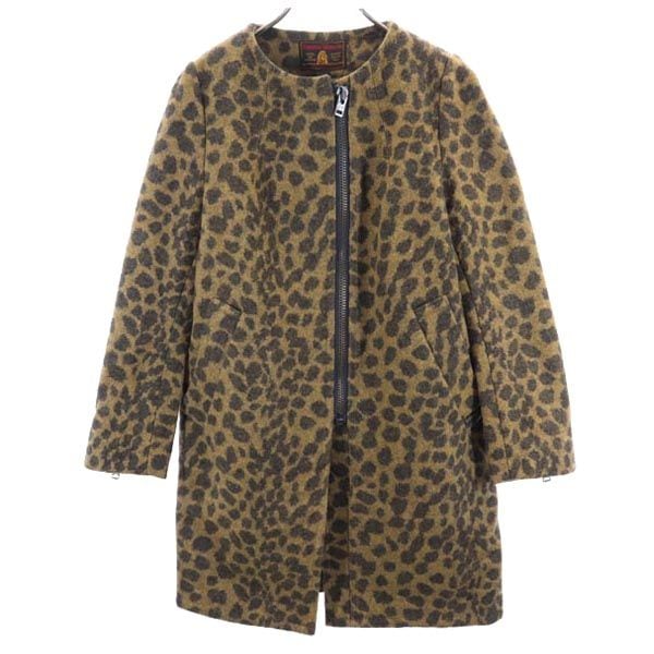 ウールブレンド アニマル柄 ノーカラーコート M 茶系 レディース