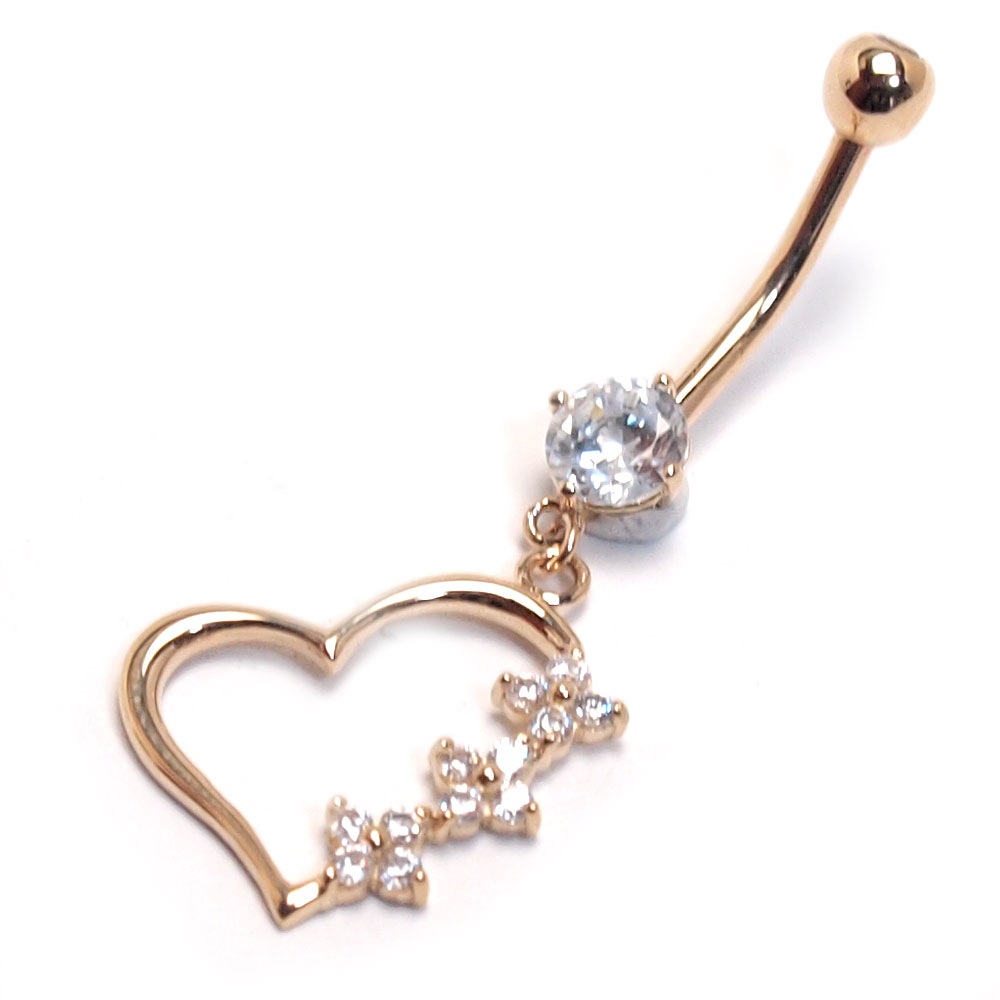 ヘソピアス 14G 14K トリプルCZフラワーハート バナナバーベル ボディピアス へそピアス