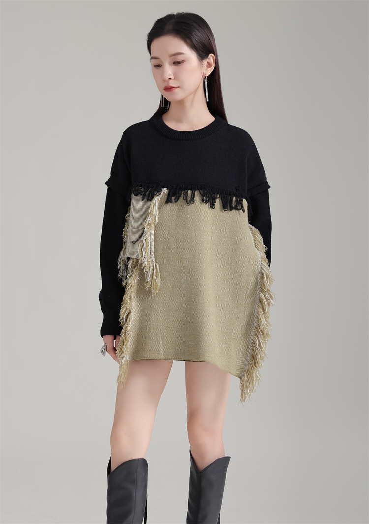 早い者勝ち セーター ニットワンピース ワンピース ニットトップス 長袖 レトロ 差し色 デザインセンス ラウンドネック フリンジ 厚め