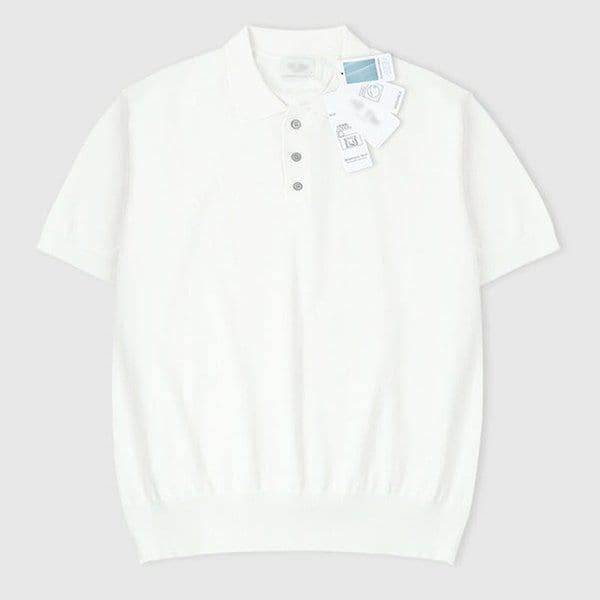メンズ ソリッド ボタン カラーネック 半袖ニットTシャツ AT-KNH-Q001-アイボリー_3