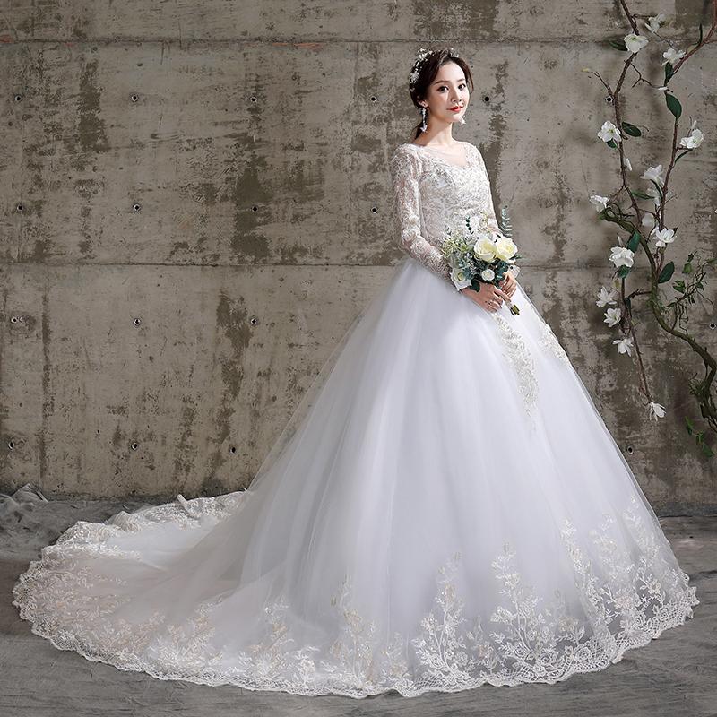 ウェディングドレス 二次会 結婚式 披露宴 ブライダル ロングドレス 長袖 レース 花嫁 ウエディングドレス プリンセスライン 編み上げ ホワイト トレーン選択