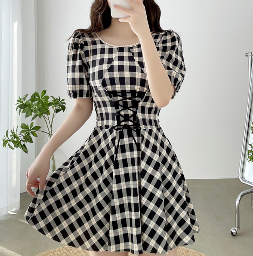 水着 ワンピース レディース 半袖 二の腕カバー リボン ウエストマーク かわいい 大人可愛い きれいめ セクシー カジュアル 大人 大人っぽい チェック リゾート 体型カバーワンピース水着