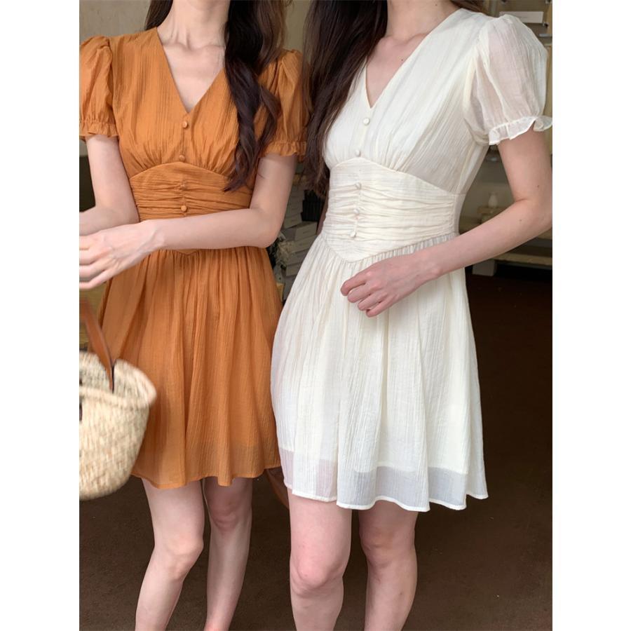 新作 vネックワンピース パフスリーブ レディース 夏 aライン ハイウエスト ショート丈 やさしい かわいい きれいめ おしゃれ 着痩せ