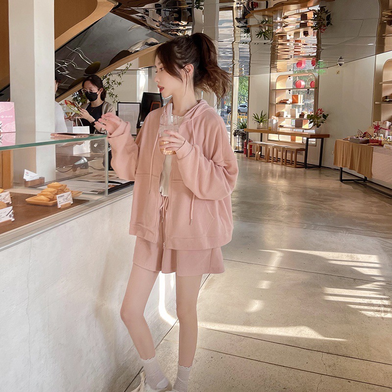 2024 今年人気のピンクのフード付きトレーナーセット女性秋フレンチミルク甘い緩い汎用性の高いツーピースセット