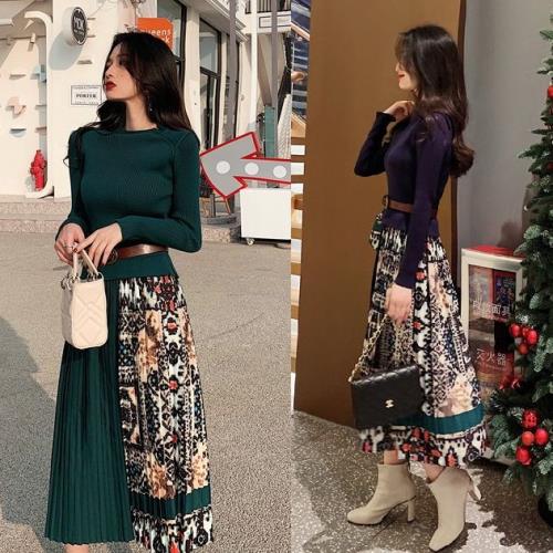 【急速出荷 2025年新作】レトロ ワンピース プリーツ 秋 冬 アシメ アシンメトリー 長袖 ニット 花柄 レディース 韓国 無地 ラウンドネック ロング丈 可愛い モダン 非対称 大人っぽい 上品