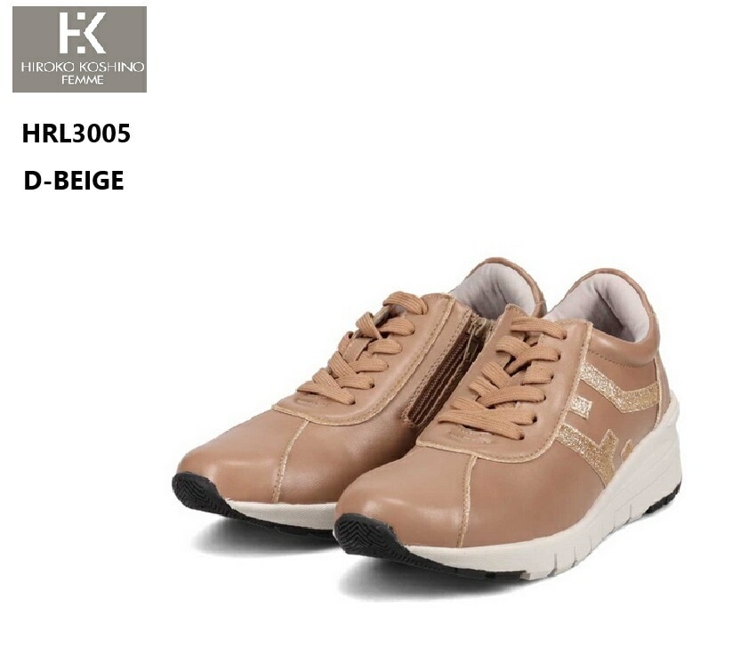 (HIROKO KOSHINO FEMME)HRL3005 ヒロココシノ レディス ヒールアップカジュアルスニーカー サイドファスナー仕様 ポイントにはさり気ない覗きにルーチェ効かせたラメ素材 高さも