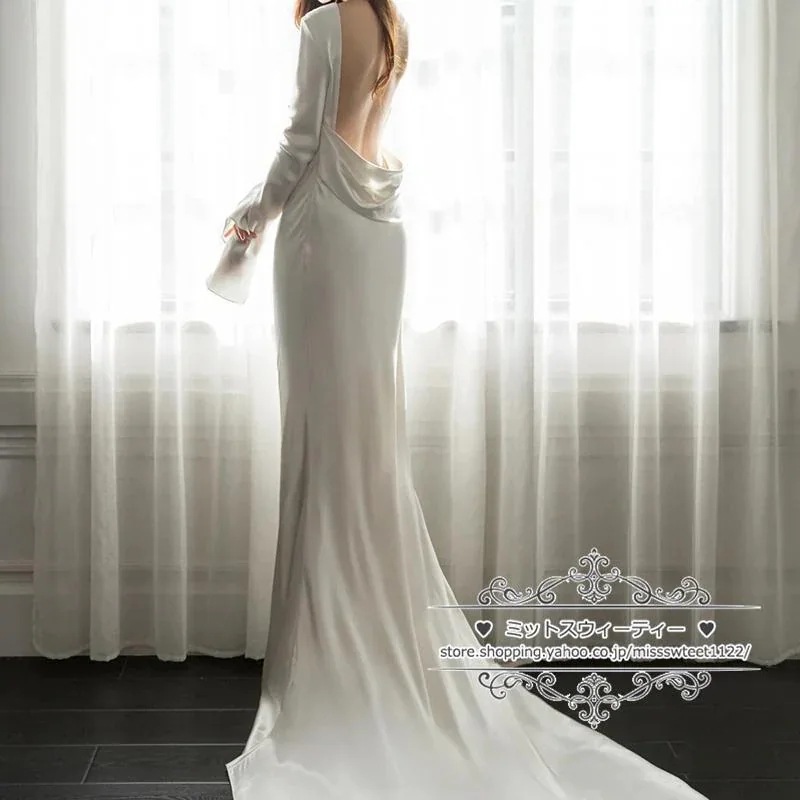 ウェディングドレス二次会結婚式ブライダル長袖スレンダーラインバックレスロングドレス前撮り海外挙式花嫁フォト記念撮影ウエディングドレス