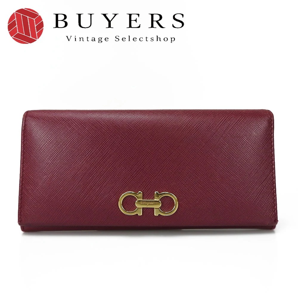 中古 Salvatore Ferragamo サルヴァトーレフェラガモ 二つ折り長財布 KI-22B857 パープル ゴールド金具 leather long wallet 【中古】