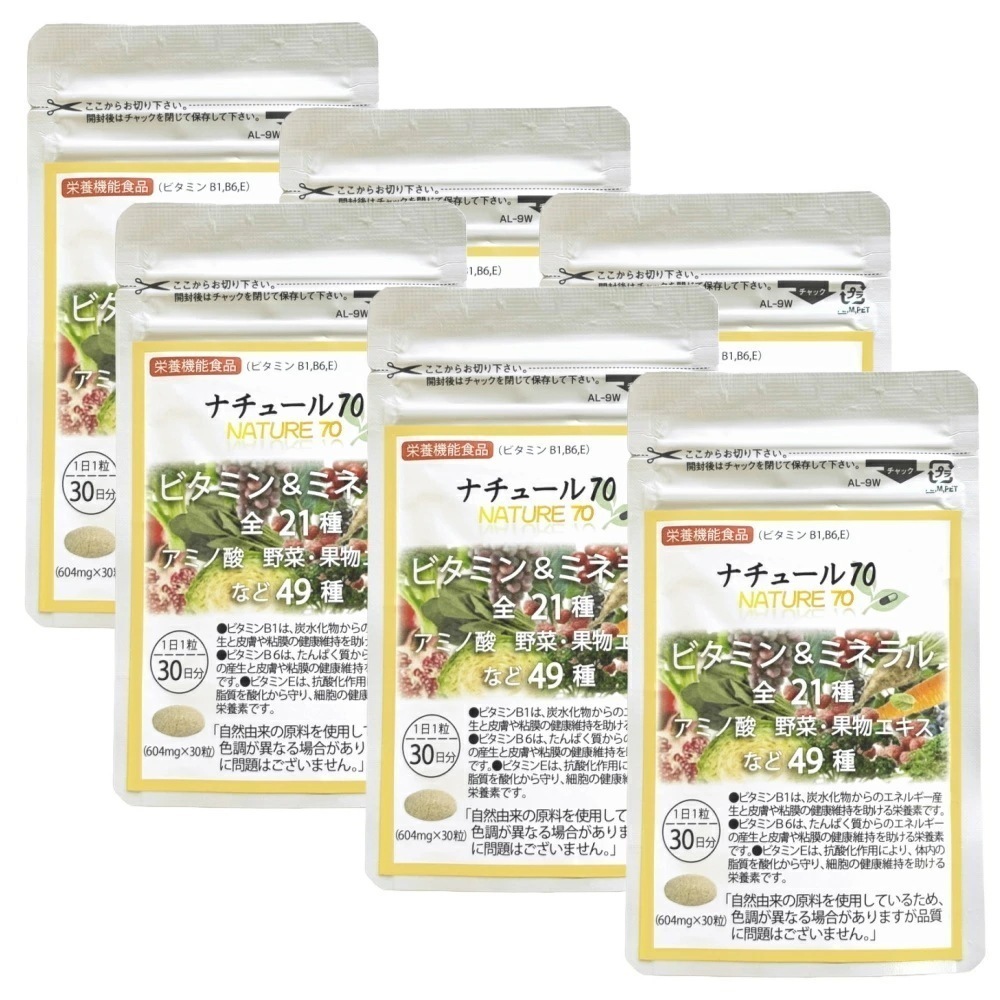 マルチビタミン ミネラル 自然 天然 由来 ビタミン 野菜 果物 酵母 アメリカ サプリ 30日分×お得6個セット ナチュール70 保存料 無添加 総合ビタミン剤 スーパーフード