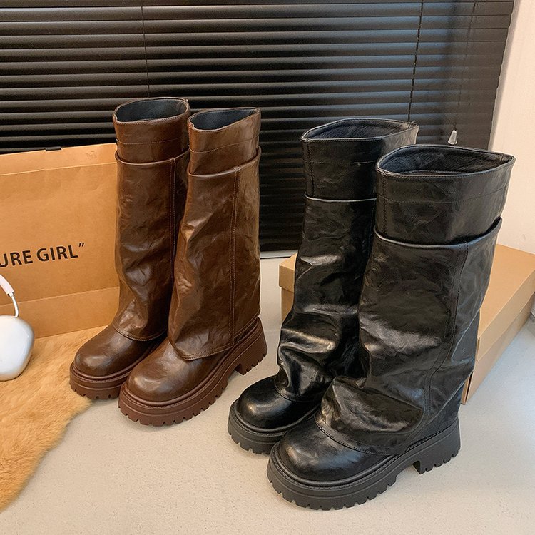 女性用厚底パンツブーツ2024秋冬新作足が太いハイブーツと細いナイトブーツ甘くてクールなスタイルのロングブーツ